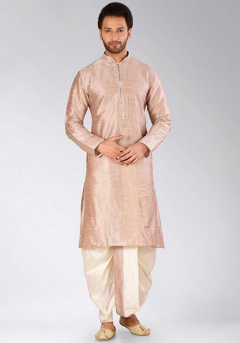 Light Brown Solid Art Silk Kurta Sets For Men