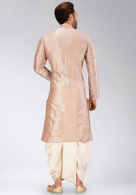 Light Brown Solid Art Silk Kurta Sets For Men