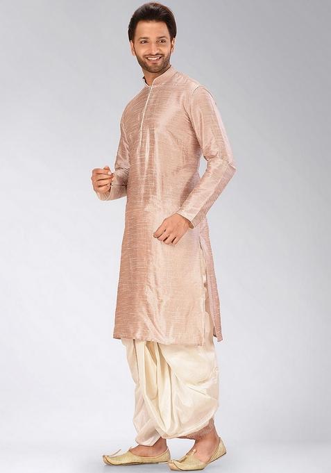 Light Brown Solid Art Silk Kurta Sets For Men