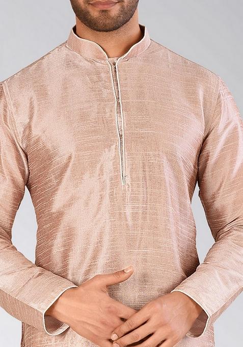 Light Brown Solid Art Silk Kurta Sets For Men