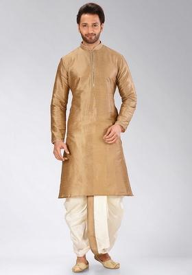 Chikoo Brown Solid Art Silk Kurta Sets For Men