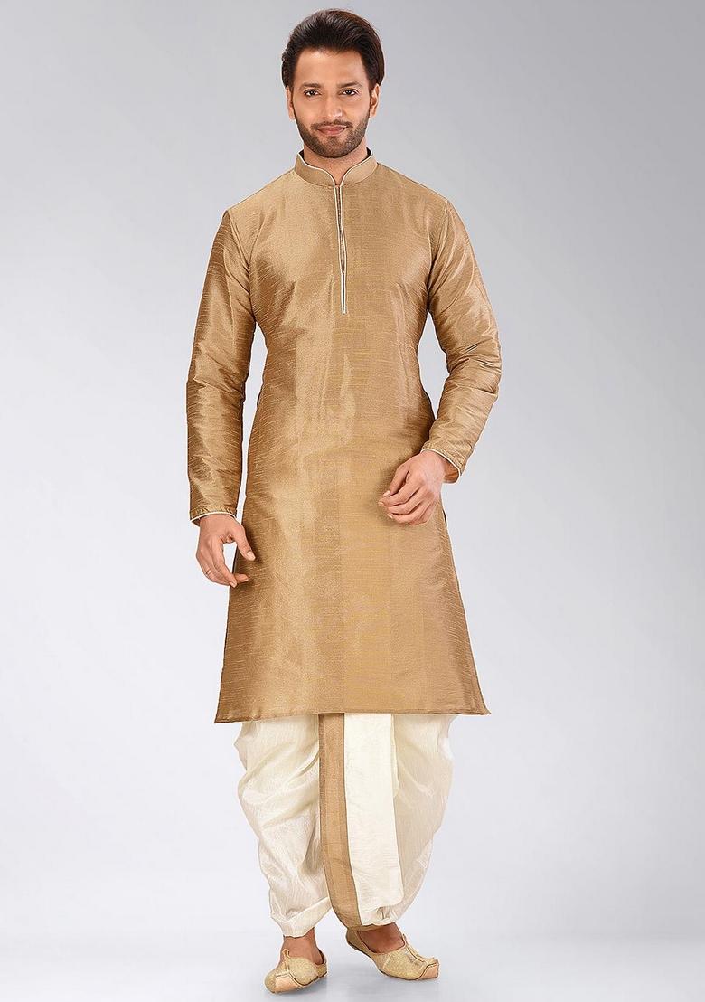 Chikoo Brown Solid Art Silk Kurta Sets For Men