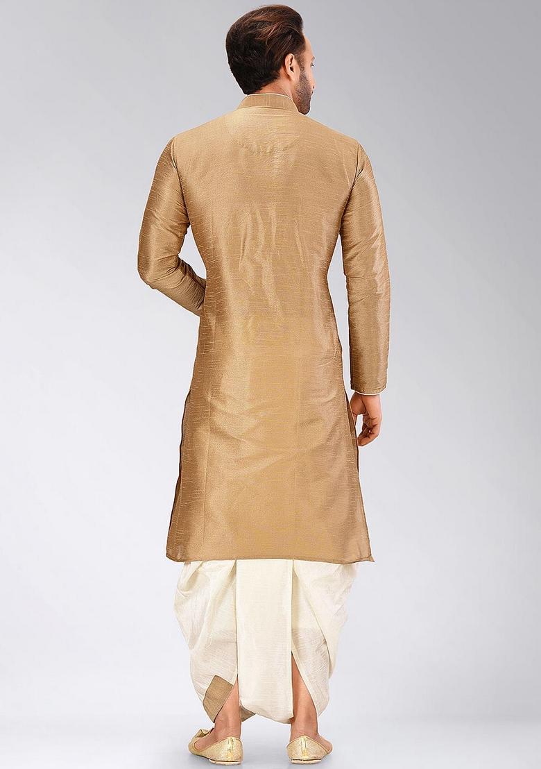 Chikoo Brown Solid Art Silk Kurta Sets For Men - Indya