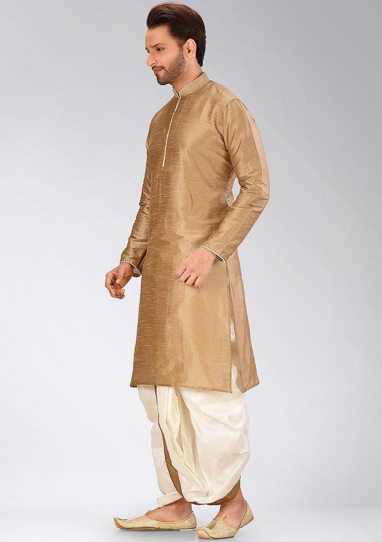 Chikoo Brown Solid Art Silk Kurta Sets For Men