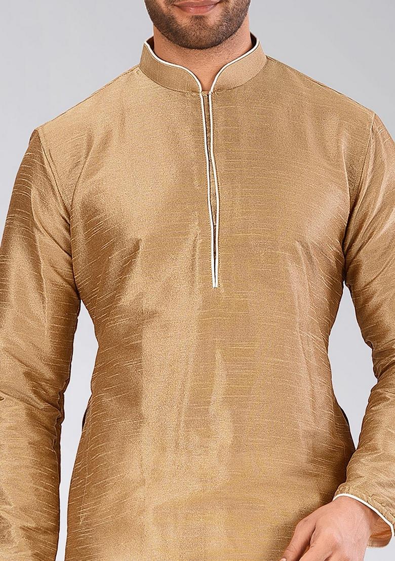 Chikoo Brown Solid Art Silk Kurta Sets For Men - Indya