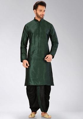 Rama Green Solid Art Silk Kurta Sets For Men