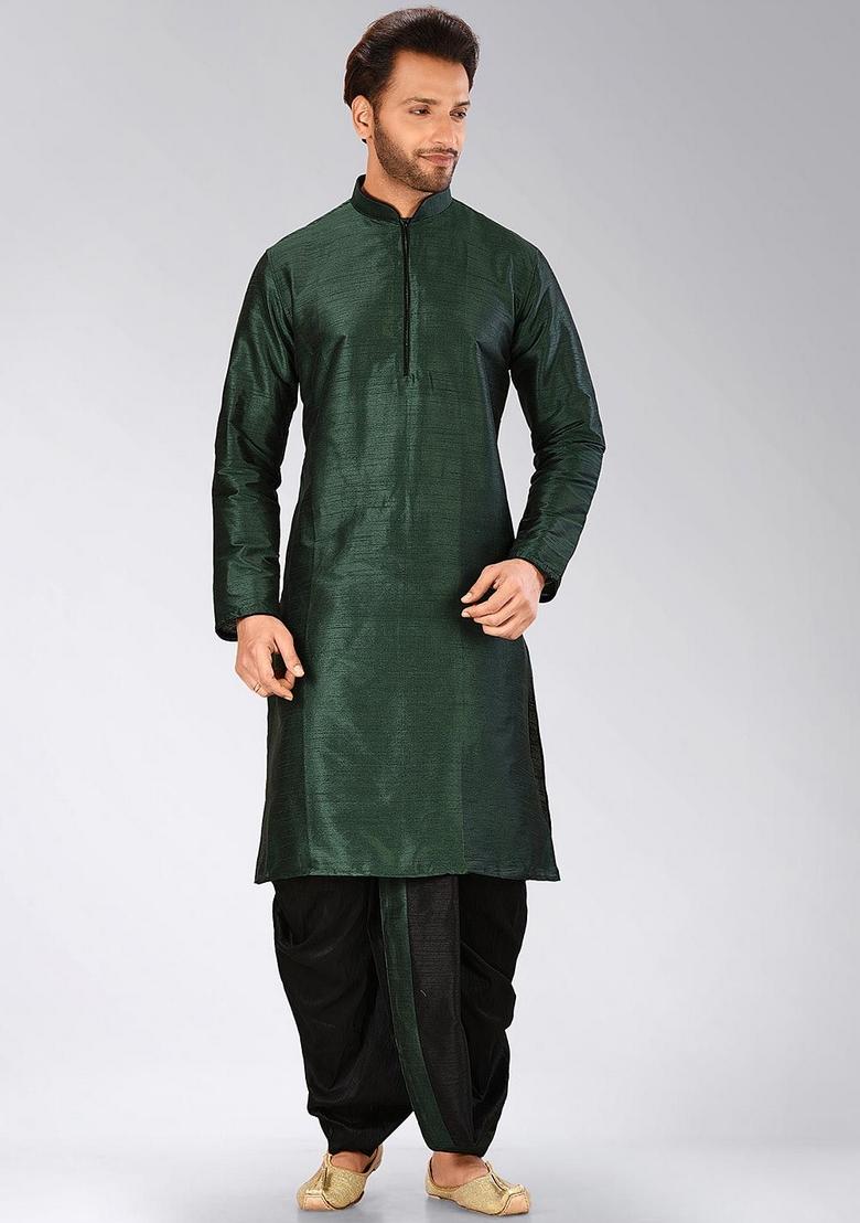 Rama Green Solid Art Silk Kurta Sets For Men
