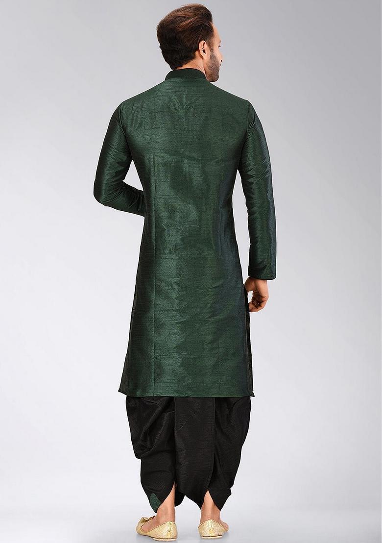 Rama Green Solid Art Silk Kurta Sets For Men