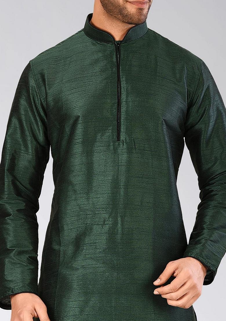 Rama Green Solid Art Silk Kurta Sets For Men