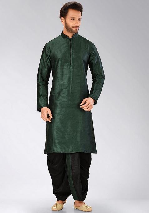 Rama Green Solid Art Silk Kurta Sets For Men