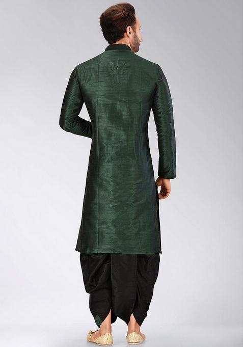 Rama Green Solid Art Silk Kurta Sets For Men