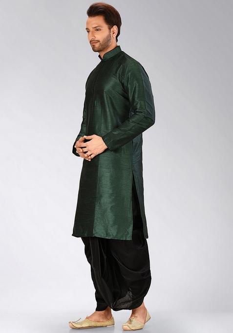 Rama Green Solid Art Silk Kurta Sets For Men
