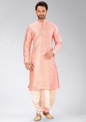 Pink Solid Art Silk Kurta Sets For Men