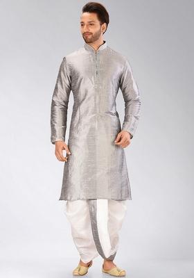 Grey Solid Art Silk Kurta Sets For Men