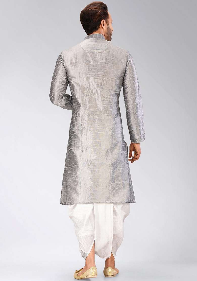 Grey Solid Art Silk Blend Kurta Sets For Men - Indya