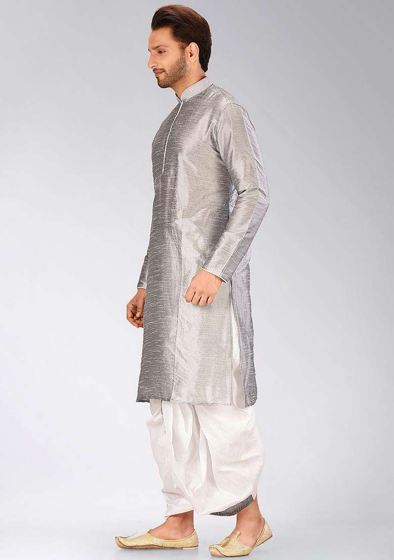 Grey Solid Art Silk Blend Kurta Sets For Men - Indya