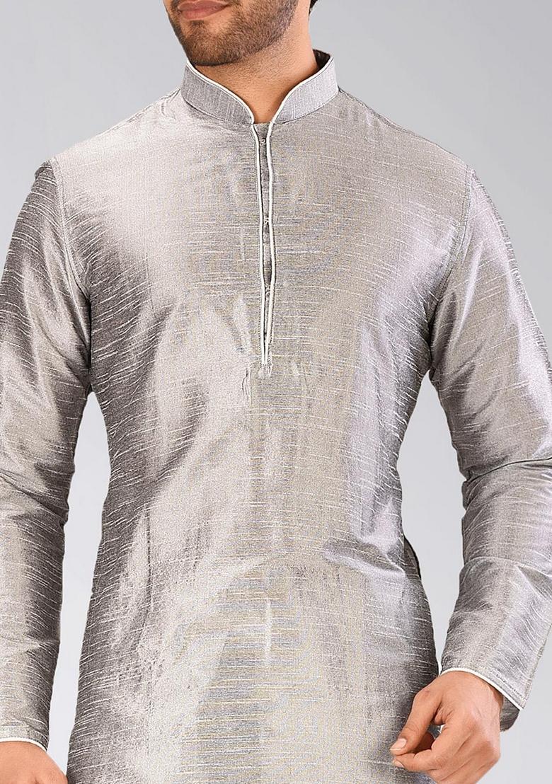 Grey Solid Art Silk Kurta Sets For Men - Indya