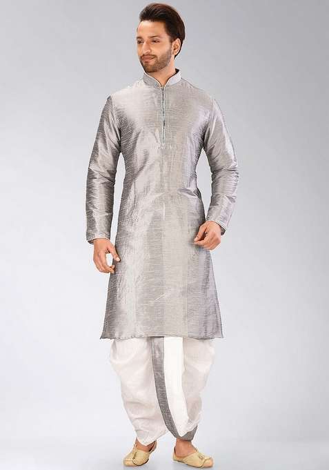 Grey Solid Art Silk Blend Kurta Sets For Men