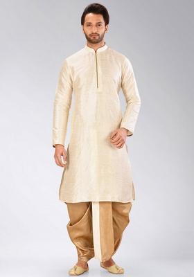 Deep Cream Solid Art Silk Kurta Sets For Men