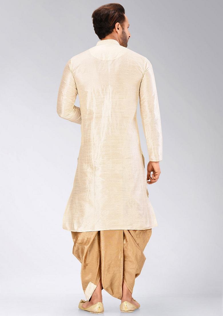 Deep Cream Solid Art Silk Kurta Sets For Men - Indya