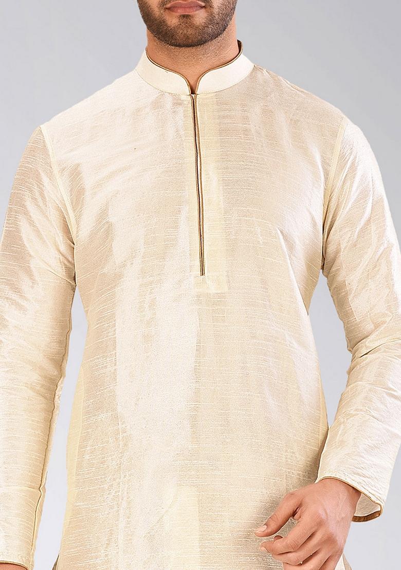 Deep Cream Solid Art Silk Kurta Sets For Men - Indya