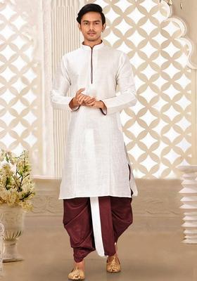 White Solid Art Silk Kurta Sets For Men