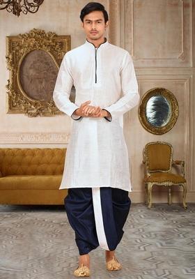 White Solid Art Silk Kurta Sets For Men