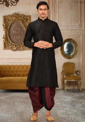 Black Solid Art Silk Kurta Sets For Men
