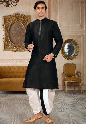 Black Solid Art Silk Kurta Sets For Men