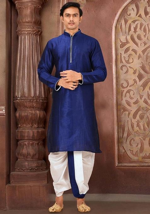 Royal Blue Solid Art Silk Kurta Sets For Men — view on Indya