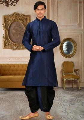 Navy Blue Solid Art Silk Kurta Sets For Men
