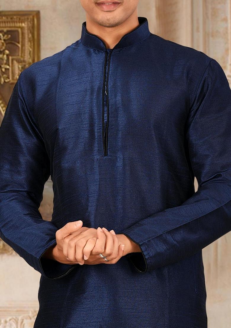 Navy Blue Solid Art Silk Kurta Sets For Men - Indya