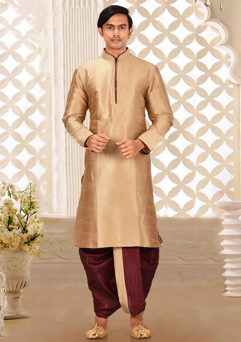 Chikoo Brown Solid Art Silk Kurta Sets For Men