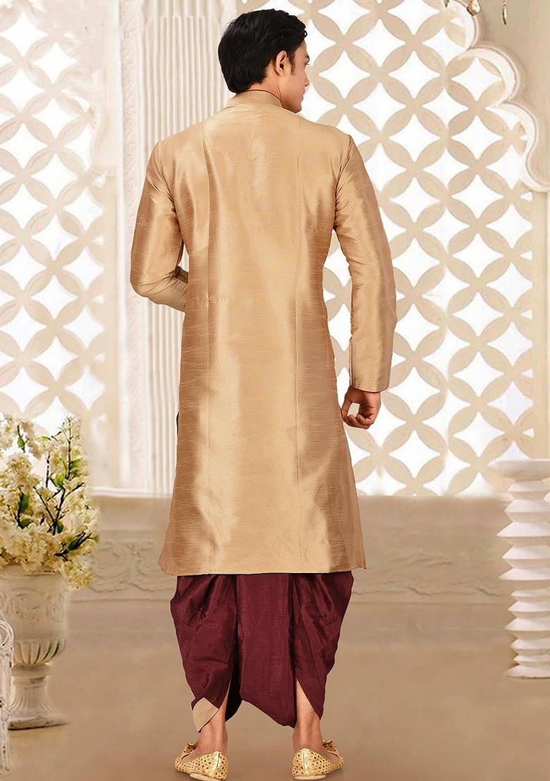 Chikoo Brown Solid Art Silk Kurta Sets For Men - Indya