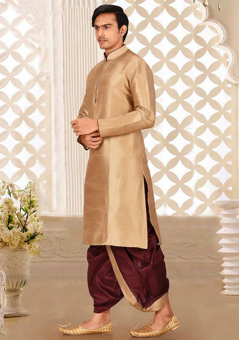 Chikoo Brown Solid Art Silk Kurta Sets For Men