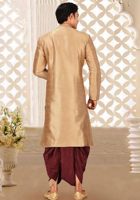 Chikoo Brown Solid Art Silk Kurta Sets For Men