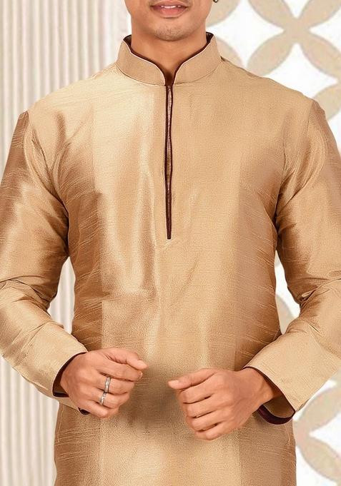 Chikoo Brown Solid Art Silk Kurta Sets For Men