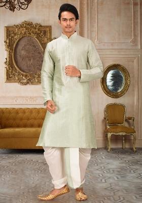 Sea Green Solid Art Silk Kurta Sets For Men