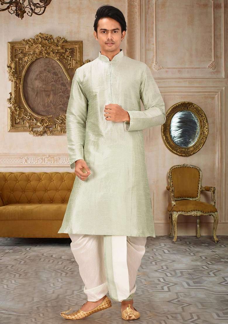 Sea Green Solid Art Silk Blend Kurta Sets For Men - Indya