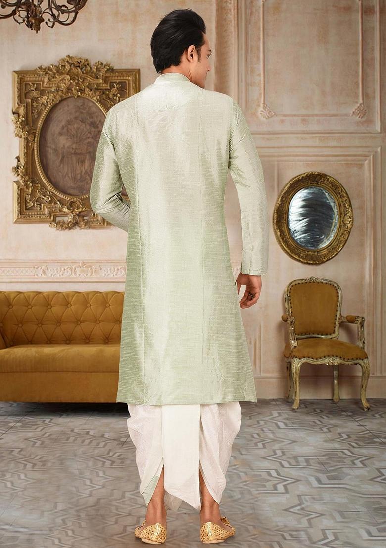 Sea Green Solid Art Silk Kurta Sets For Men