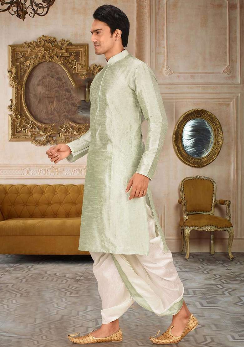 Sea Green Solid Art Silk Blend Kurta Sets For Men - Indya