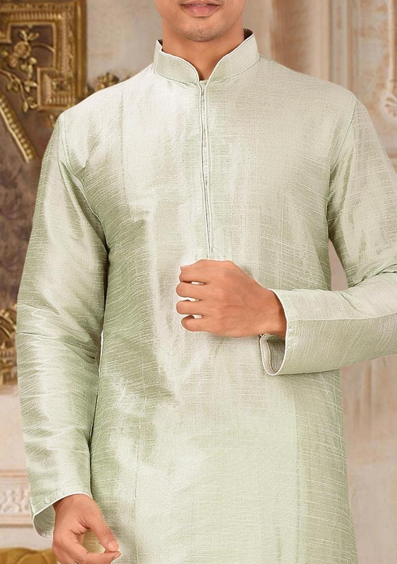 Sea Green Solid Art Silk Kurta Sets For Men