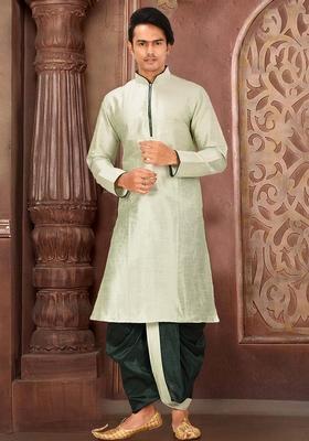 Sea Green Solid Art Silk Kurta Sets For Men