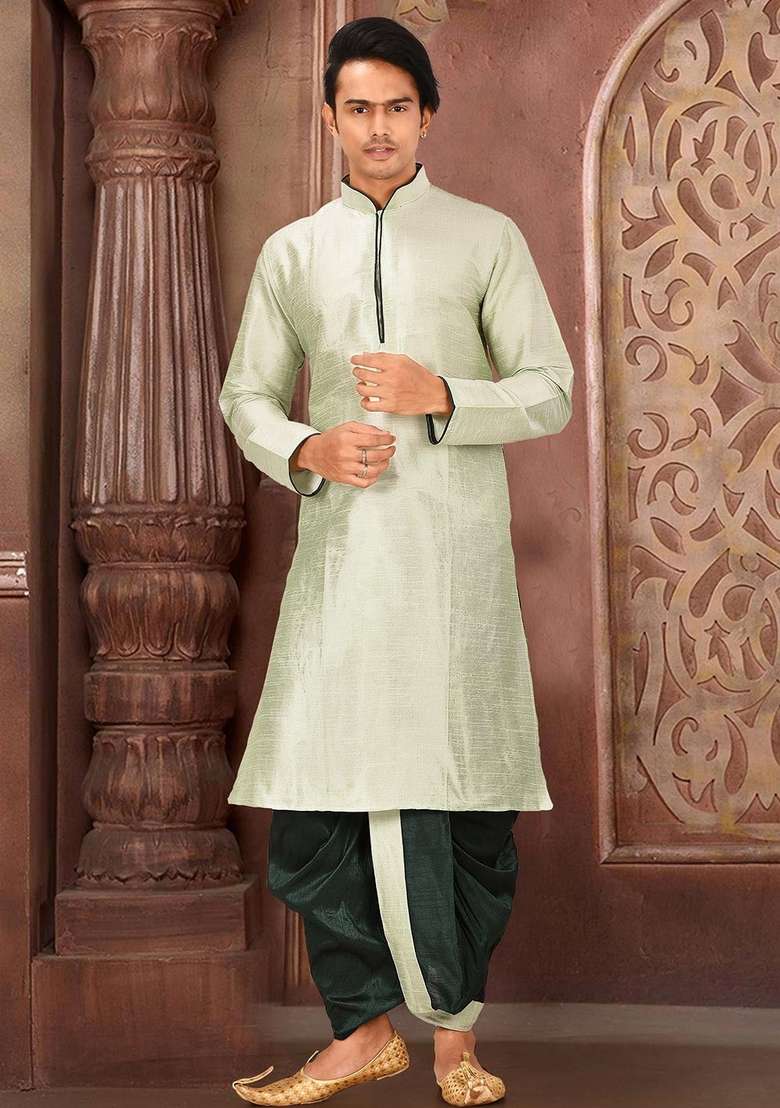 Sea Green Solid Art Silk Blend Kurta Sets For Men - Indya