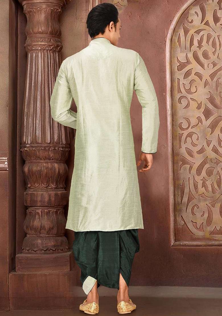 Sea Green Solid Art Silk Blend Kurta Sets For Men - Indya