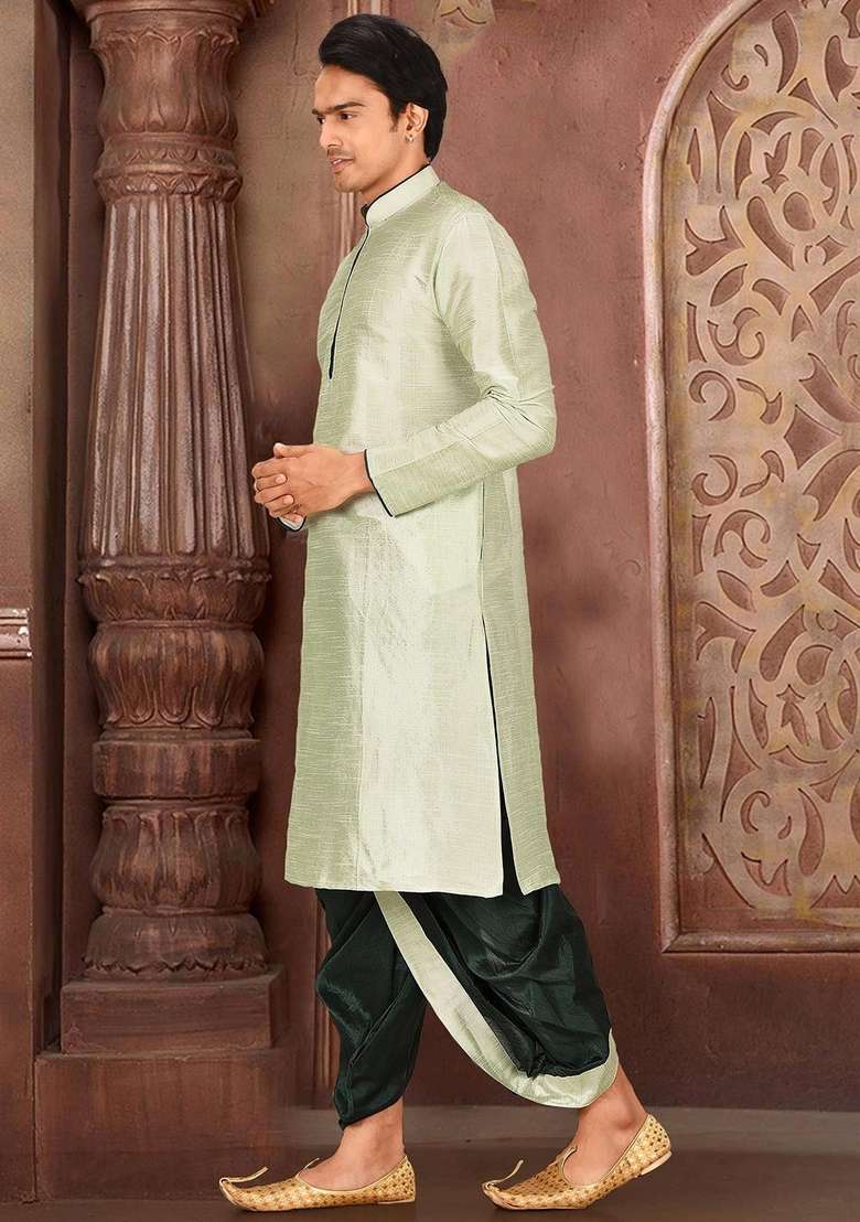 Sea Green Solid Art Silk Blend Kurta Sets For Men - Indya