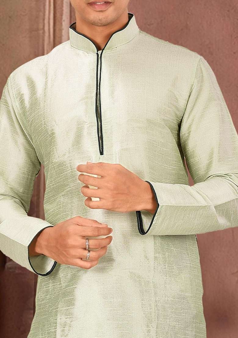 Sea Green Solid Art Silk Blend Kurta Sets For Men - Indya