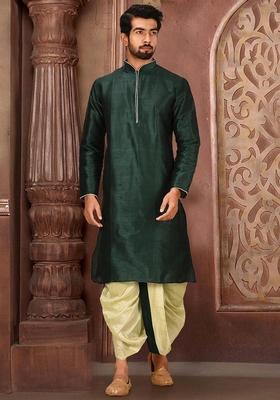 Rama Green Solid Art Silk Kurta Sets For Men