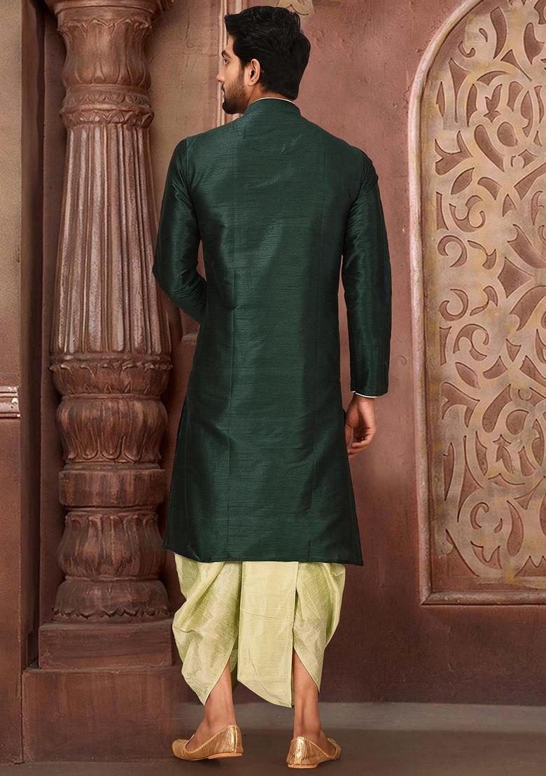 Rama Green Solid Art Silk Kurta Sets For Men