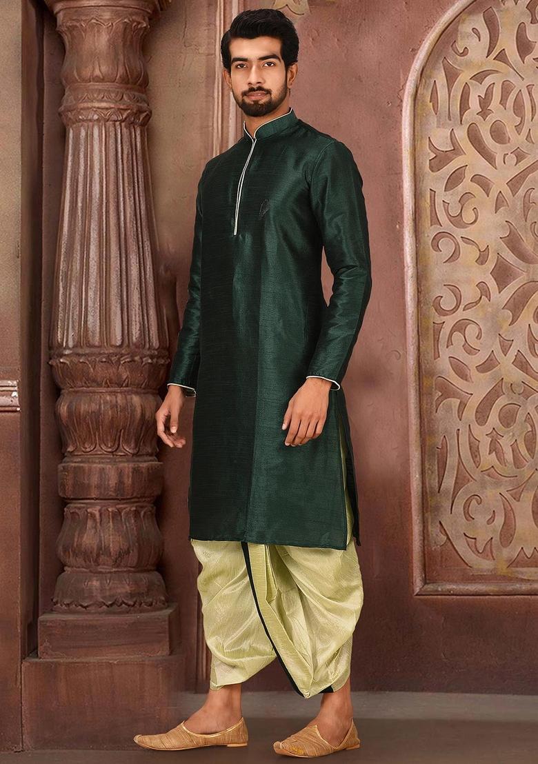 Rama Green Solid Art Silk Kurta Sets For Men